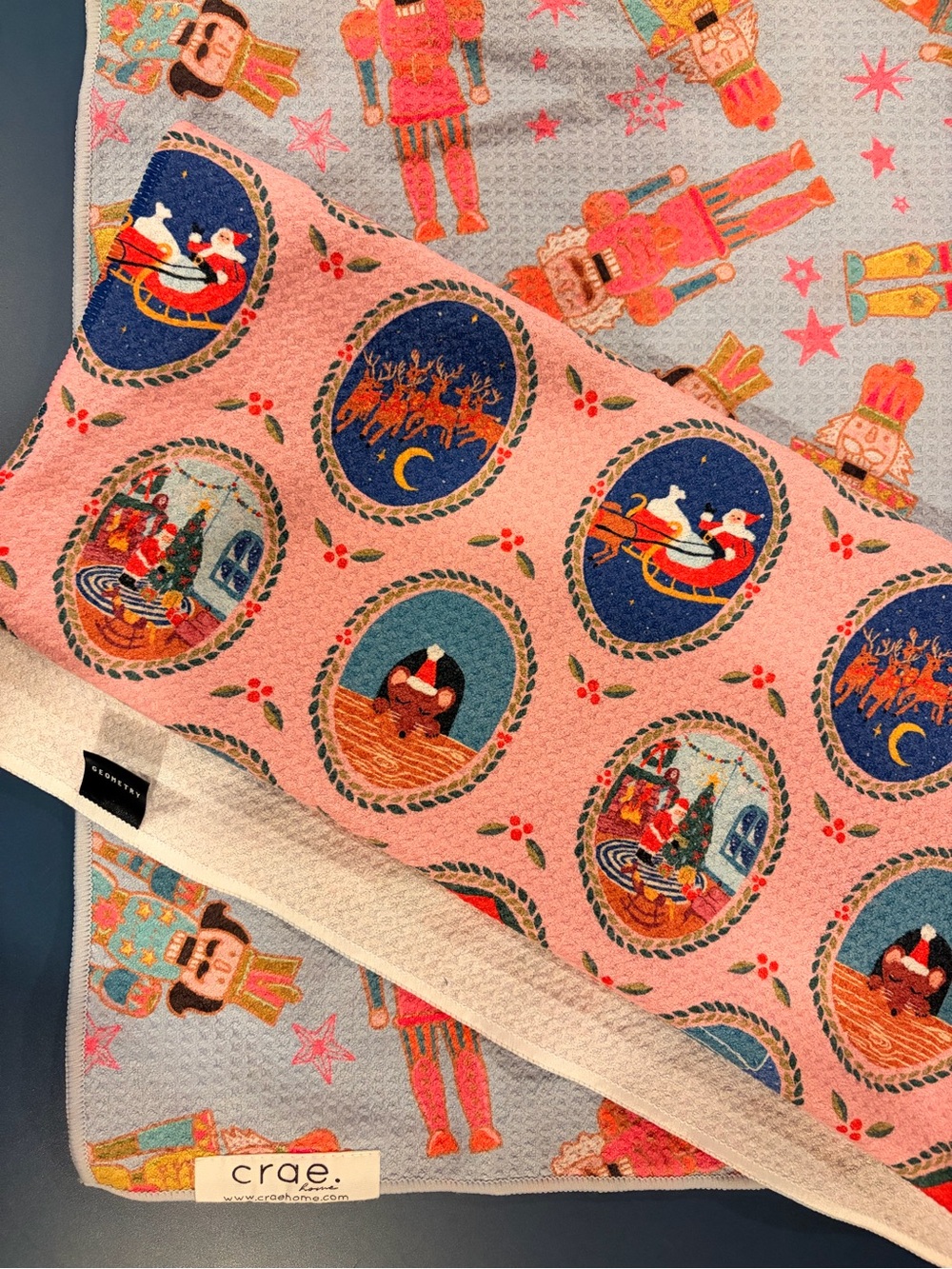 Crae and Geometry Christmas Holiday Nutcracker Sleigh Kitchen Towels Pink & Blue